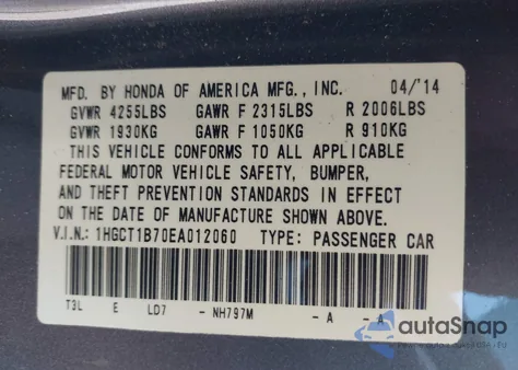 2014 Honda Accord Ex z USA, uszkodzony, nr VIN 1HGCT1B70EA012060